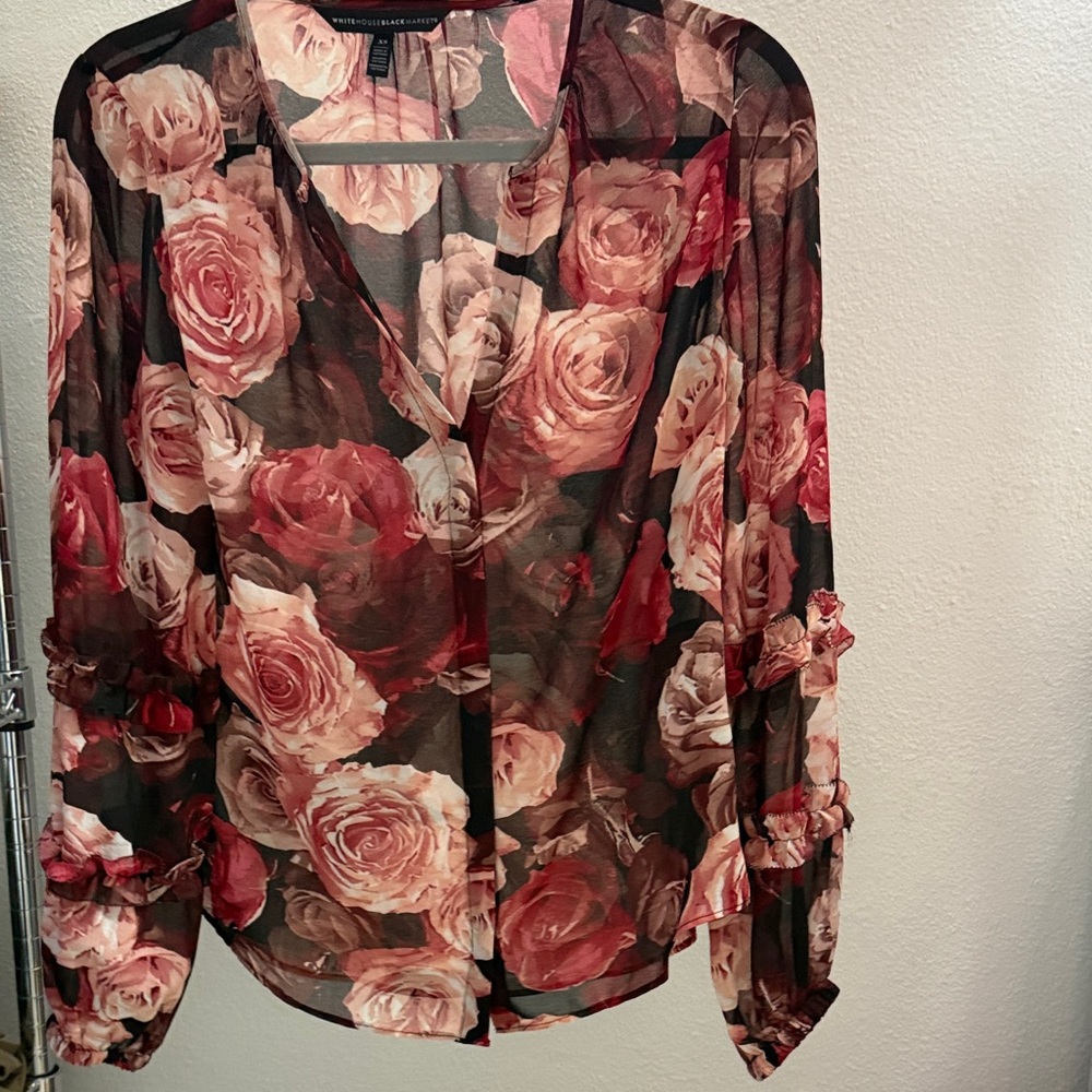 White House Black Market Rose Print Sheer Blouse - Red and Pink